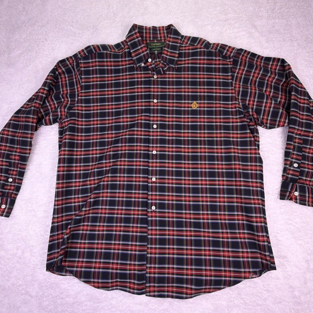VTG Lauren Ralph‎ Lauren Mens L Red/Navy Plaid ButtonUp Crest Logo 100% Cotton